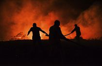 Firefighters and local villagers try to bring a fire under control in the village of Kirli.