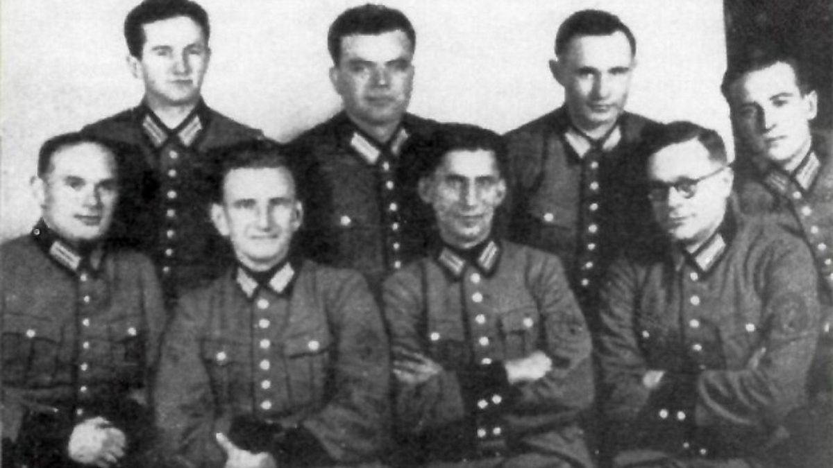 Roman Shukhevych, second from left, pictured with a battalion created by the German Nazis in 1942
