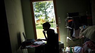 A woman works from home in Vertou, outside Nantes, France 