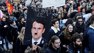 A person holds a placard depicting French President Emmanuel Macron as Adolf Hitler during a 2018 protest against a proposed university reform.