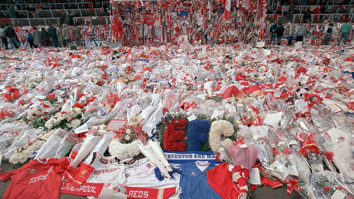 Floral tributes were placed at Anfield's 'Kop' two days after the 1989 disaster.