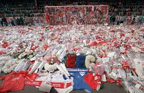 Floral tributes were placed at Anfield's 'Kop' two days after the 1989 disaster.