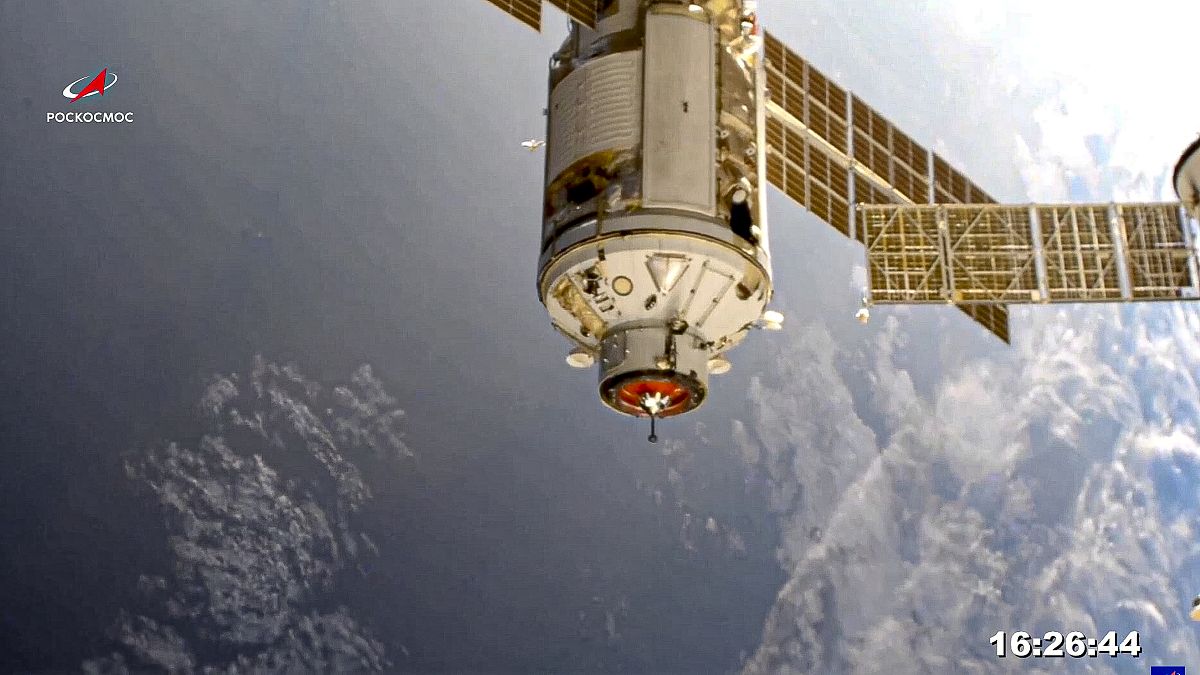 وحدة "ناؤوكا" العلمية الروسية الجديدة قبل عملية الالتحام بمحطة الفضاء الدولية، الخميس 29 يوليو 2021