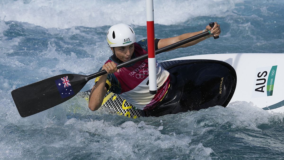 Jessica Fox of Australia competes in the Women's C1 of the Canoe Slalom at the 2020 Summer Olympics, July 29, 2021, in Tokyo, Japan. 
