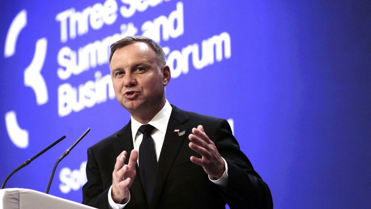 Poland's President Andrzej Duda, speaks during press conference of Three Seas Summit at National Palace of Culture in Sofia, Friday, July 9, 2021.