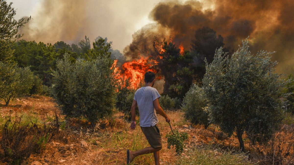 A man walks toward wildfires in Kacarlar village near the Mediterranean coastal town of Manavgat, Antalya, Turkey, Saturday, July 31, 2021.