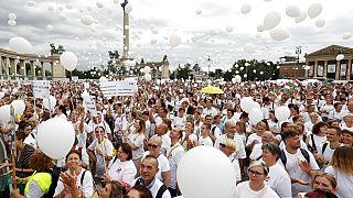 Several thousand healthcare workers and supporters protest to demand wage increases and better working conditions in Budapest