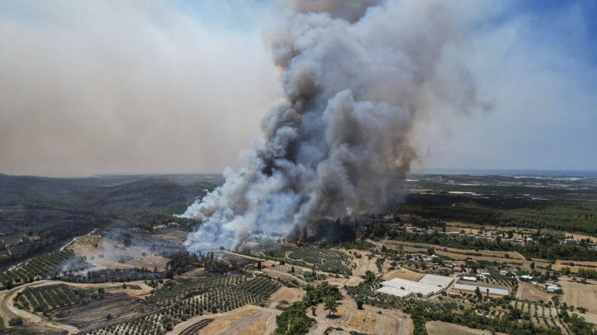 n aerial photo shows wildfires in Kacarlar village near the Mediterranean coastal town of Manavgat, Antalya, Turkey, Saturday, July 31, 2021.