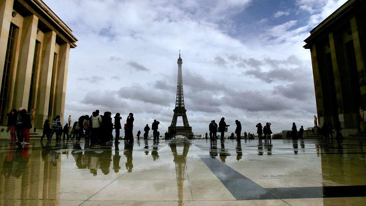 سائحون يتجمعون في ساحة تروكاديرو المطلة على برج إيفل في باريس، فرنسا، الاثنين 10 مارس 2008