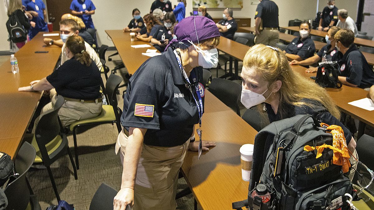 Healthcare workers from around the country arrive to help supplement the staff at Our Lady of the Lake Regional Medical Center in Baton Rouge, Monday, Aug. 2, 2021.