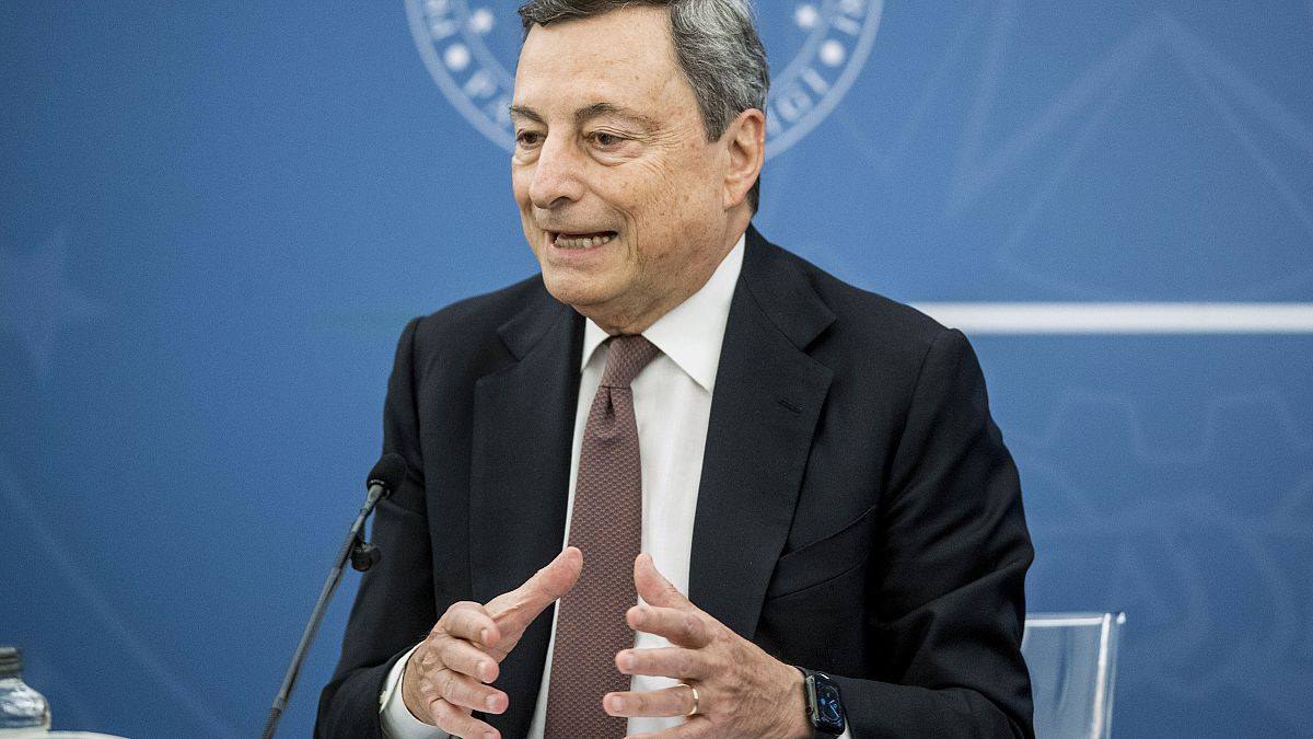 Italian Premier Mario Draghi speaks at a press conference at Chigi Palace government office in Rome, Thursday, July 22, 2021.