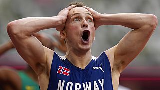 Karsten Warholm après sa victoire en finale du 400m haies