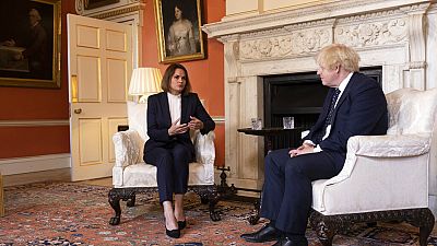 La líder de la oposición bielorrusa, Svetlana Tijanóvskaya, durante su reunión con el primer ministro británico, Boris Johnson, en el 10 de Downing Street