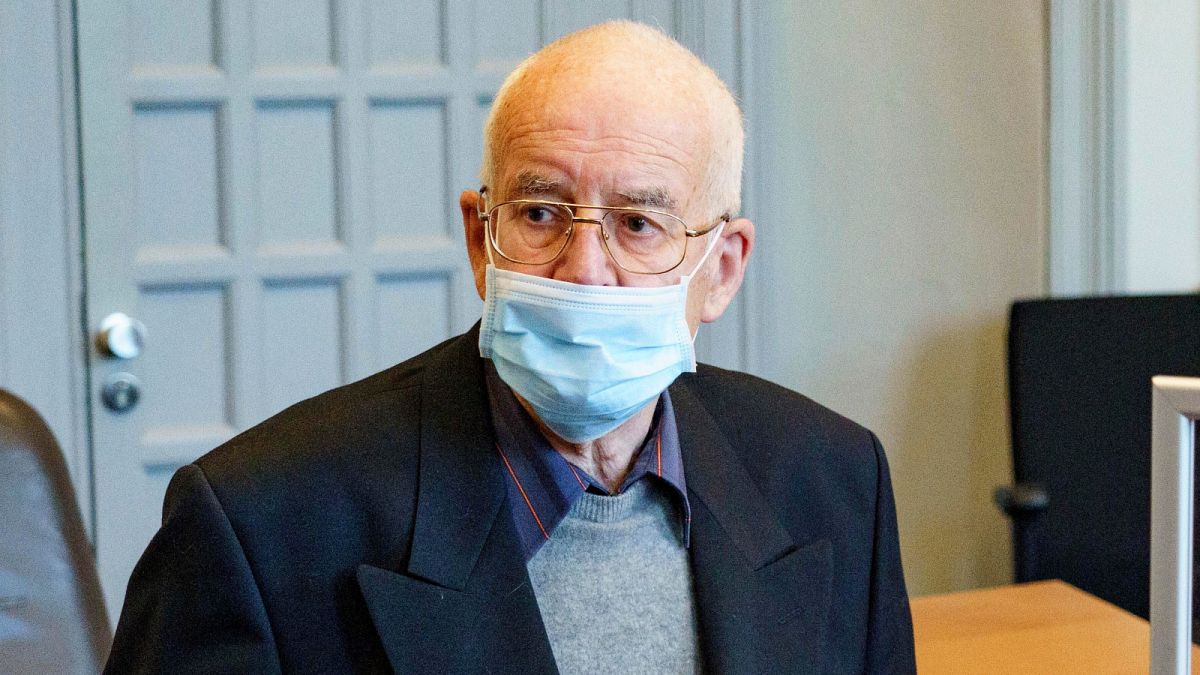 FILE - In this May 28, 2021 file photo a 84-year-old, accused of possession of a tank, waits in the courtroom for the start of the trial in Kiel, Germany.