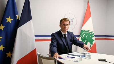 Le président français Emmanuel Macron, lors de la visioconférence internationale consacrée au plan d'aide au Liban, le 4 août 2021 au Fort de Bregançon  