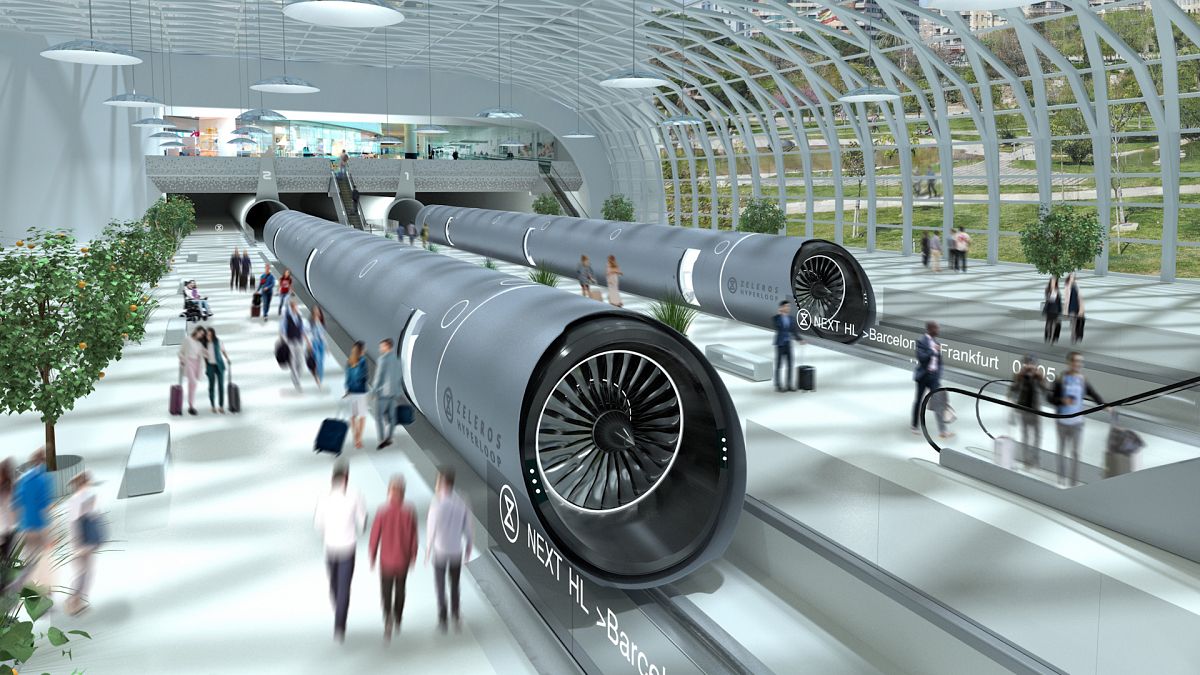 Concept rendering of a Hyperloop station and Hyperloop pod designed by Spanish company, Zeleros. 