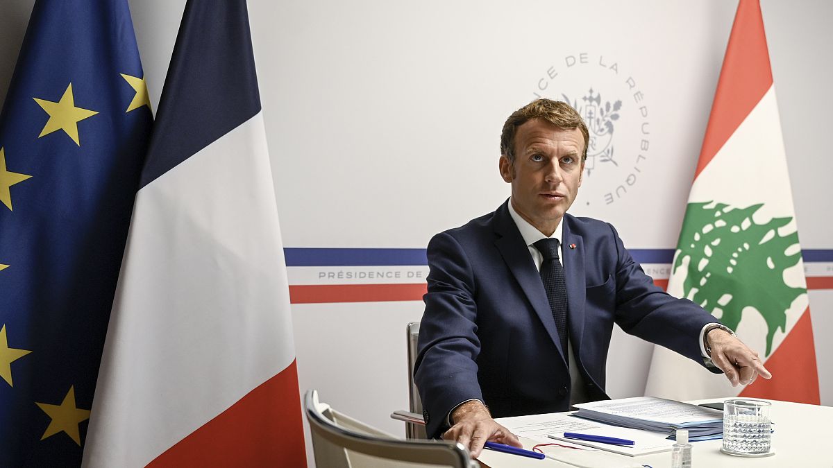 France's President Emmanuel Macron attends an international video conference at the Fort de Bregancon, in Bormes-Les-Mimosas, southern France, Wednesday, Aug. 4, 2021.