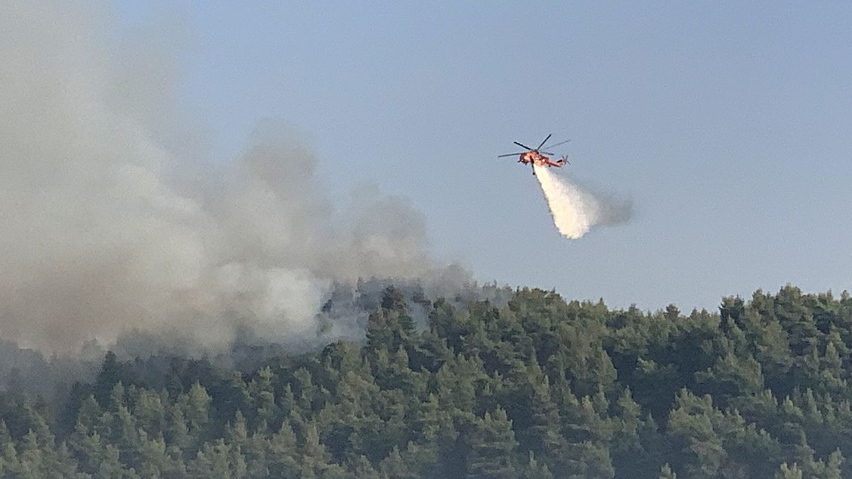Ελικόπτερο της Πυροσβεστικής πραγματοποιεί ρίψεις νερού κατά τη διάρκεια κατάσβεσης της πυρκαγιάς που μαίνεται στην περιοχή της Λίμνης Εύβοιας,