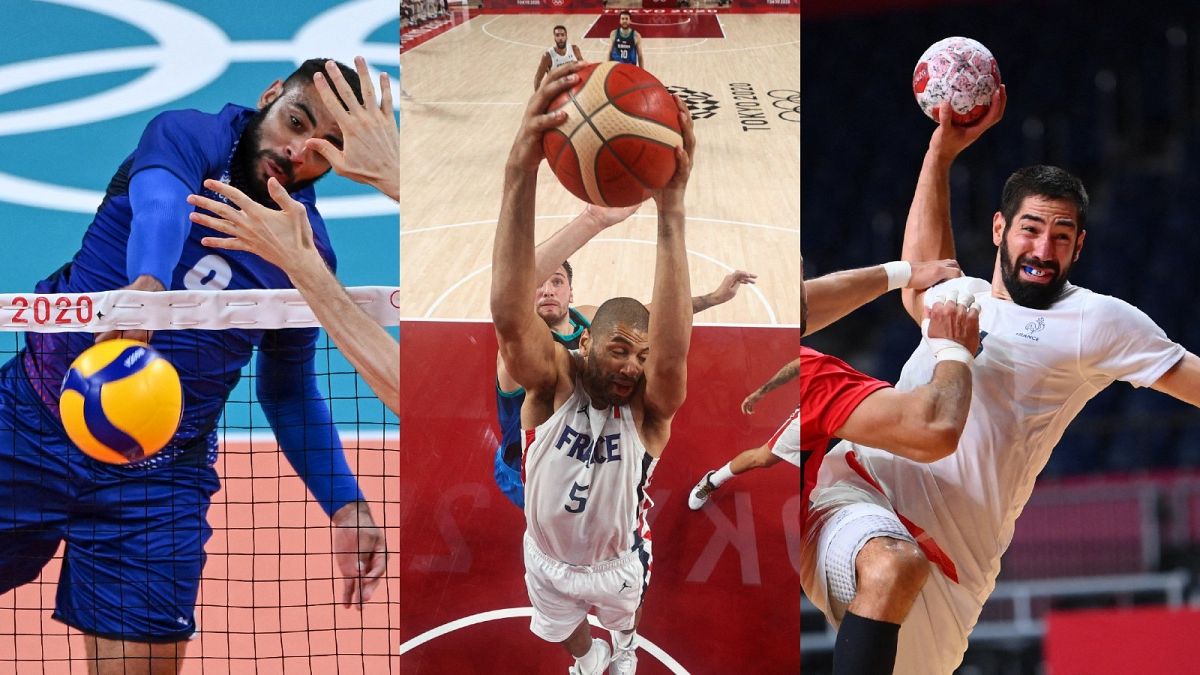 Les français Earvin Ngapeth (volley-ball), Nicolas Batum (basket-ball) et Nikola Karabatic (handball), le 5 août 2021 à Tokyo