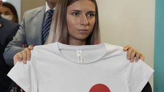 Belarusian Olympic sprinter Krystsina Tsimanouskaya after her news conference in Warsaw, Poland, on Aug. 5, 2021.