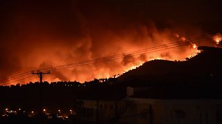 This picture taken on August 5, 2021 shows flames rising from a fire spreading around Kapandriti, on the outskirts of Athens