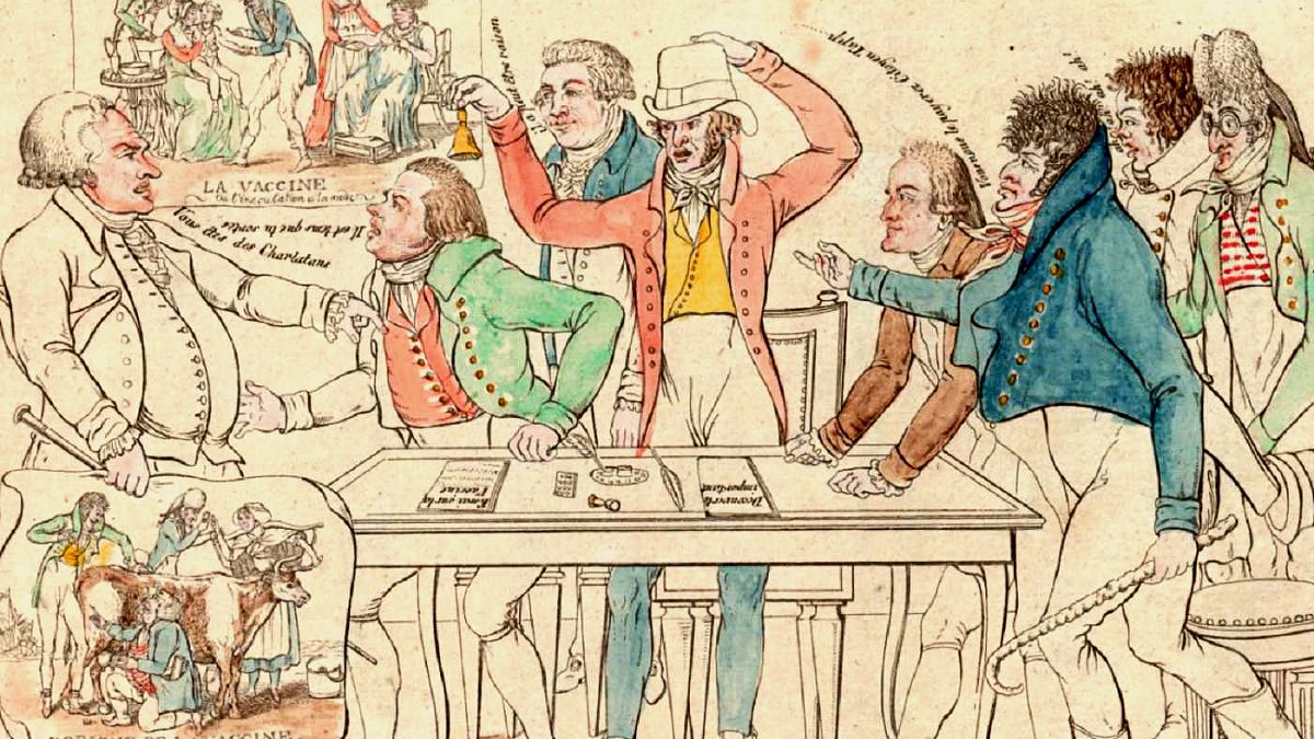 'Bire karşı yedi veya aşı komitesi': İlk aşının mucidi Edward Jenner aşıyı savunuyor. (1800'de yayınlandı)