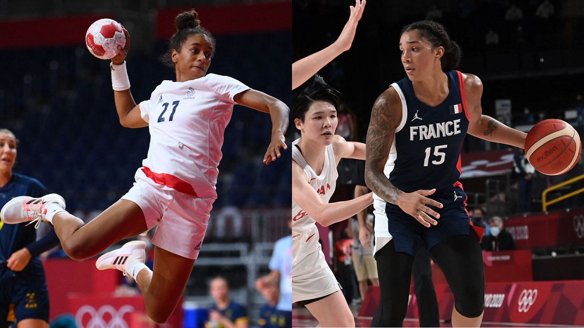 Les Françaises Estelle Nze Minko (handball) et Gabrielle Williams (basket-ball) disputant leur demi-finale des JO de Tokyo, le 6 août 2021