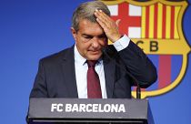 Le président du FC Barcelone Joan Laporta en conférence de presse ce vendredi
