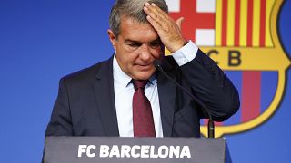 Le président du FC Barcelone Joan Laporta en conférence de presse ce vendredi
