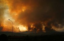 Feuer lodern am Berg Parnitha in der Nähe von Athen