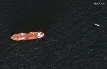 In this image provided by Maxar Technologies, the oil tanker Mercer Street is seen off the coast of Fujairah, United Arab Emirates, Wednesday Aug. 4, 2021.
