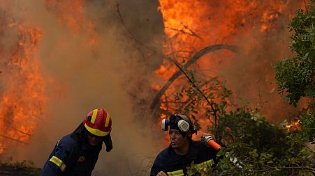 Firefighters operate at Ellinika village on Evia island, about 176 kilometers (110 miles) north of Athens, Greece, Monday, Aug. 9, 2021