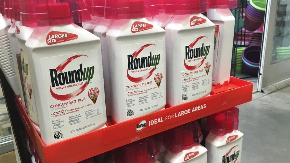 In this, Feb. 24, 2019, file photo, containers of Roundup are displayed at a store in San Francisco