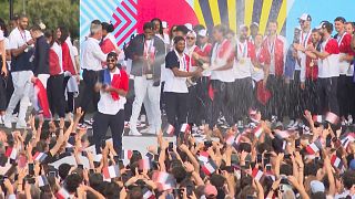 French Olympic medallists celebrate victory in Paris