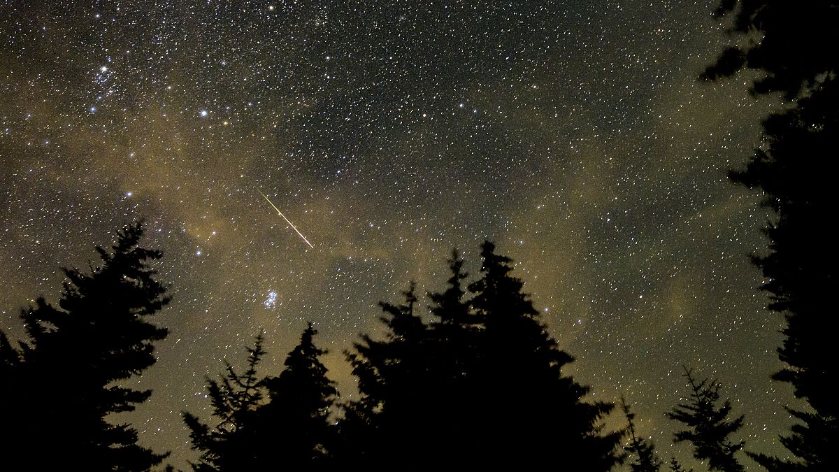 A NASA által közreadott kép a Perseidák meteorrajról a Tejút közelében, Nugat-Virginia legmagasabb pontja, a Spruce Mountain hegygerinc 1482 méter magas Spruce Knob nevű csúcs