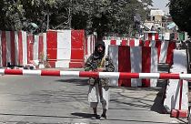 A Taliban fighter stands guard as Taliban move closer to Kabul after taking Ghazni city. 