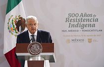  الرئيس المكسيكي أندريس مانويل لوبيز أوبرادور خلال احتفال لإحياء الذكرى السنوية الـ 500 لسقوط عاصمة إمبراطورية الأزتك- 13 آب / أغسطس 2021