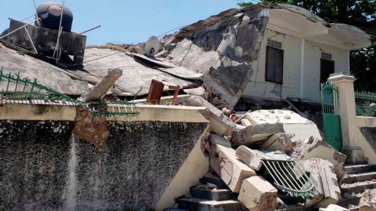 The residence of the Catholic bishop is damaged after an earthquake in Les Cayes, Haiti