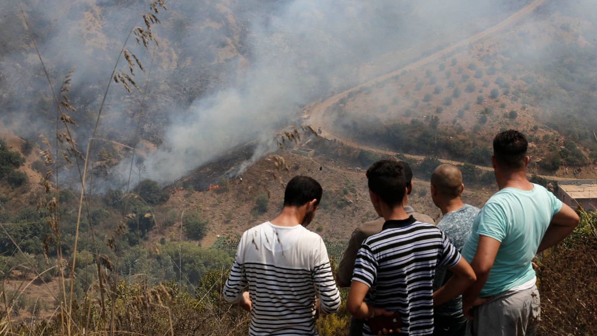 سكان يشاهدون حريقًا بالقرب من قرية توجة بمنطقة القبائل شرقي الجزائر العاصمة، الجمعة 13 أغسطس 2021