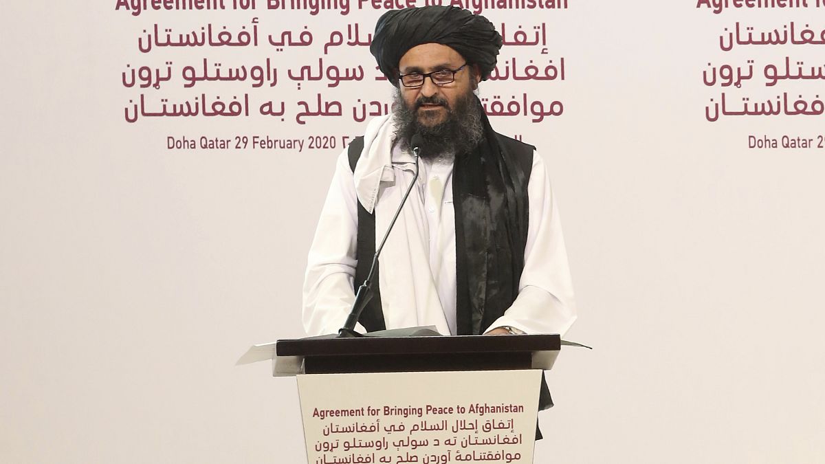 Mullah Abdul Ghani Baradar, the Taliban group's top political leader speaks before signing a peace agreement between Taliban and U.S. officials in Doha, Qatar,  Feb. 29, 2020