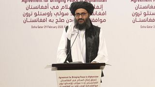 Mullah Abdul Ghani Baradar, the Taliban group's top political leader speaks before signing a peace agreement between Taliban and U.S. officials in Doha, Qatar,  Feb. 29, 2020