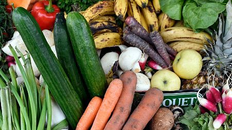 Fruit and vegetables judged ugly by mass market retailers are pictured during "Anti-gaspi, pour le climat aussi" (Fighting waste, also for climate change) in France.