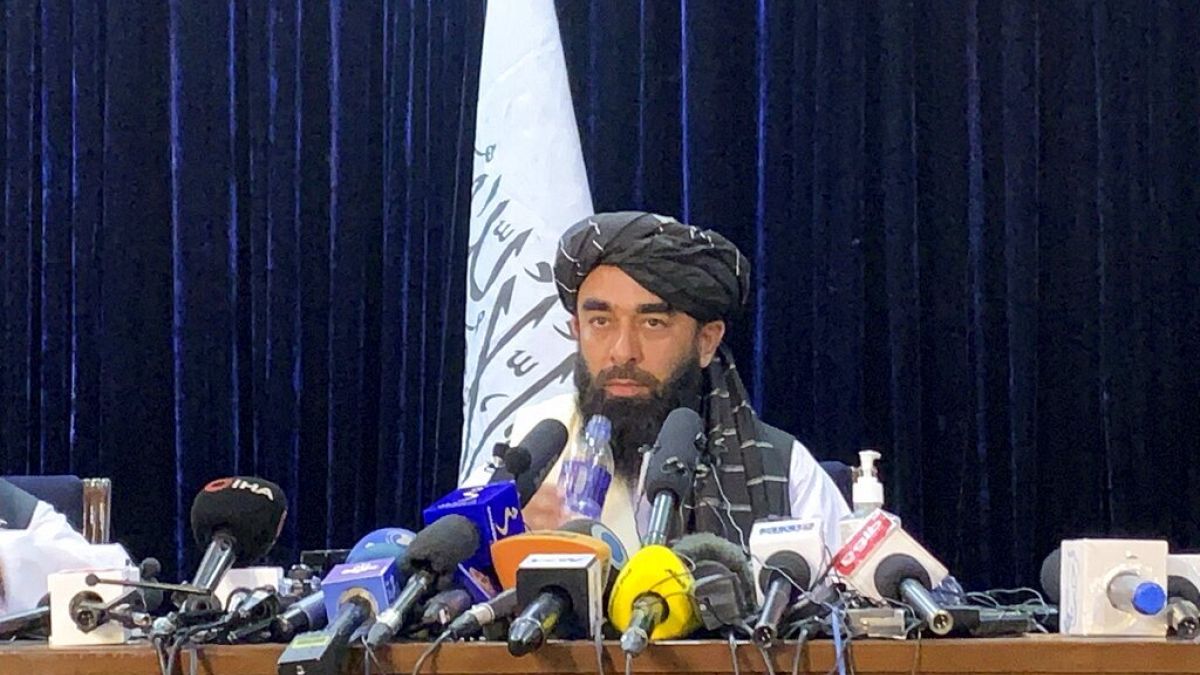 Taliban spokesman Zabihullah Mujahid speaks at at his first news conference in Kabul, Afghanistan, Tuesday, Aug. 17, 2021.