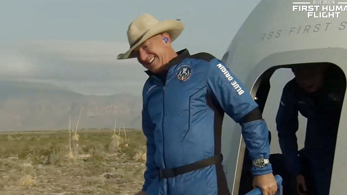Jeff Bezos after Blue Origin's reusable New Shepard craft capsule returned from space, safely landing on July 20, 2021,