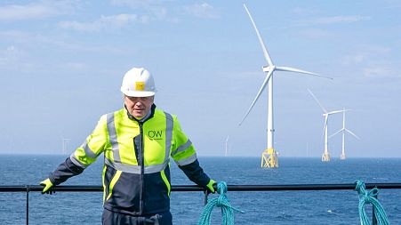 Britain's Prime Minister Boris Johnson onboard the Esvagt Alba during a visit to the Moray Offshore Windfarm East, Scotland.
