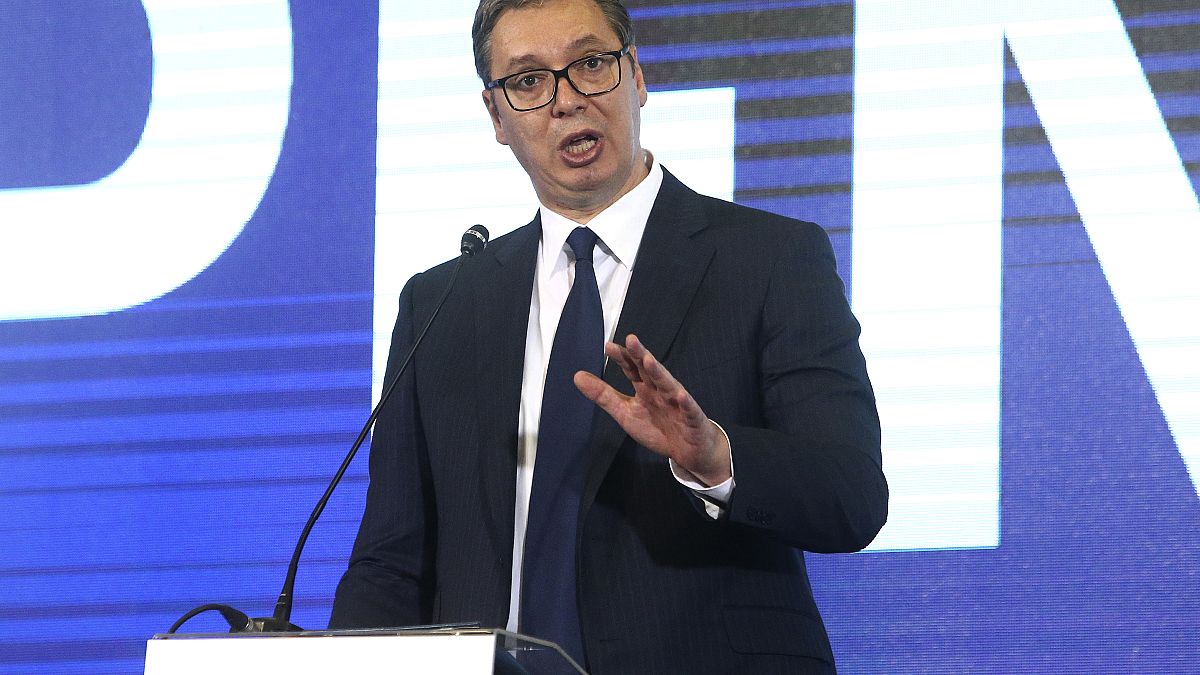 Serbia's President Aleksandar Vucic addresses the media during a news conference in Skopje, North Macedonia.