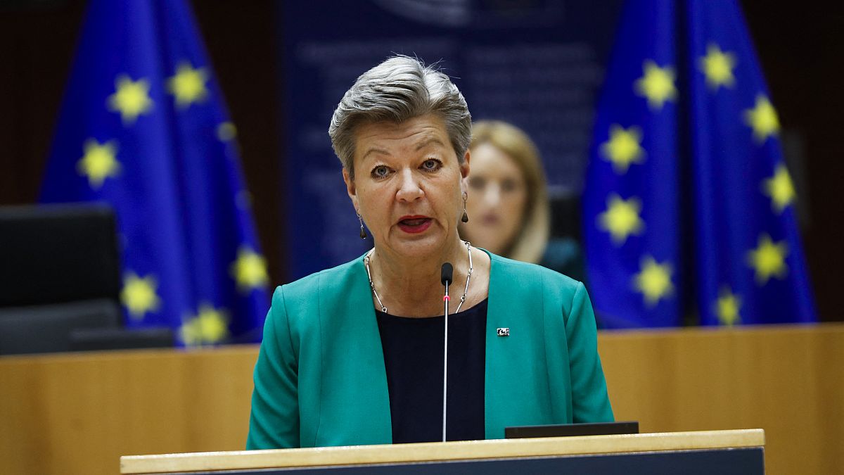 EU Home Affairs Commissioner Ylva Johansson speaks on European migration policy in the Mediterraneanat the European Parliament in Brussels, May 18, 2021.