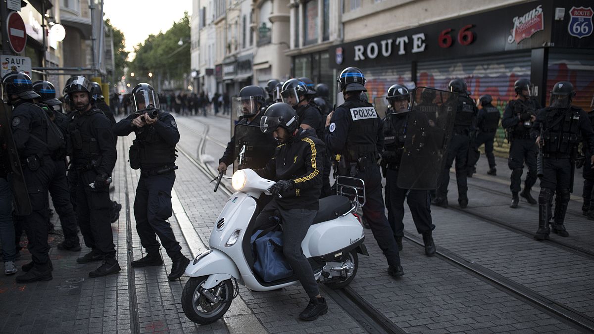 French riot police secure a street during a march against police brutality and racism in Marseille, France, June 13, 2020