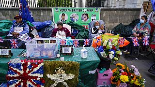 Gurkha military veterans pictured during the hunger strike outside Downing Street on Wednesday.