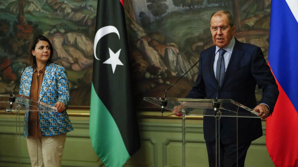 Russian Foreign Minister Sergey Lavrov and Libyan Foreign Minister Najla Mangoush speak in Moscow on Thursday